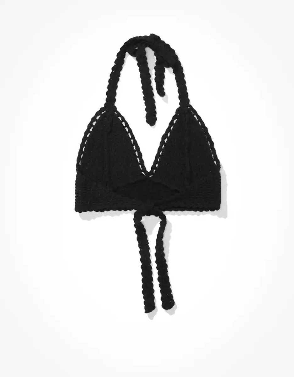 Chandails American Eagle AE Super Cropped Crochet Halter Top Noir Femme | RTZ-63619093